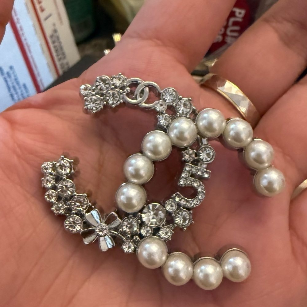 Pearl and Crystal Double-C Curve Brooch - Silver Tone